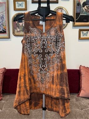 SoCal Y2K Orange Embellished Tank Top with White Scroll Design